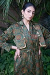 Buy_Ekavira_Green Cotton, Silk Embroidery Panna Hand Block Print Trench Coat And Pant Set _Online_at_Aza_Fashions