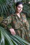 Ekavira_Green Cotton, Silk Embroidery Panna Hand Block Print Trench Coat And Pant Set _at_Aza_Fashions