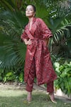 Buy_Ekavira_Maroon Maheshwari, Silk Embroidery Surkh Ajrakh Print Trench Coat And Pant Set _at_Aza_Fashions