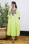 Ekavira_Green Cotton Mirrors, Lace Round Neck Jashna Embroidered Kurta Pant Set _Online_at_Aza_Fashions