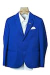 Partykles_Blue Terry Rayon Plain Notched Lapel Collar Blazer Pant Set _Online_at_Aza_Fashions