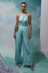 Buy_Sakshi Khetterpal_Blue Chanderi Embroidered Floral Halter Hem Jumpsuit With Belt _at_Aza_Fashions