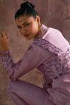 Sakshi Khetterpal_Purple Chanderi Embroidered Floral Shirt Collar Waistcoat With Pant Set_Online_at_Aza_Fashions