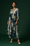 Buy_Arte-Alter_Blue Handloom Cotton, Silk Mahonia Floral Hand Print Anarkali And Pant Set _at_Aza_Fashions