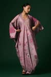 Buy_Arte-Alter_Purple Silk Embroidery Round Neck Starflower Hand Printed Draped Dress With Cape _at_Aza_Fashions