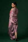 Shop_Arte-Alter_Purple Silk Embroidery Round Neck Starflower Hand Printed Draped Dress With Cape _at_Aza_Fashions