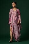 Arte-Alter_Purple Silk Embroidery Round Neck Starflower Hand Printed Draped Dress With Cape _Online_at_Aza_Fashions