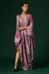 Buy_Arte-Alter_Purple Silk Embroidery Round Neck Starflower Hand Printed Draped Dress With Cape _Online_at_Aza_Fashions