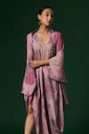 Shop_Arte-Alter_Purple Silk Embroidery Round Neck Starflower Hand Printed Draped Dress With Cape _Online_at_Aza_Fashions