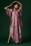 Arte-Alter_Purple Silk Embroidery Round Neck Starflower Hand Printed Draped Dress With Cape _at_Aza_Fashions