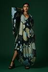 Buy_Arte-Alter_Blue Handloom Cotton Embroidery Aconite Hand Printed Draped Dress With Cape _at_Aza_Fashions