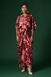 Buy_Arte-Alter_Maroon Woven Mulberry Silk Printed Azalea Draped Dress  _at_Aza_Fashions