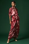 Arte-Alter_Maroon Woven Mulberry Silk Printed Azalea Draped Dress  _Online_at_Aza_Fashions