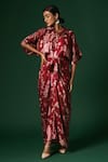 Arte-Alter_Maroon Woven Mulberry Silk Printed Azalea Draped Dress  _at_Aza_Fashions