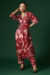 Shop_Arte-Alter_Maroon Handwoven Mulberry Silk Hand Printed Camelia Kurta And Pant Set  _at_Aza_Fashions