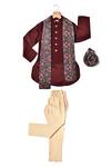 Buy_Partykles_Maroon Velvet, Terrycloth Embroidery Thread Work Bundi Kurta Set _at_Aza_Fashions
