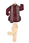 Shop_Partykles_Maroon Velvet, Terrycloth Embroidery Thread Work Bundi Kurta Set _at_Aza_Fashions