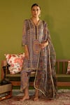 Buy_Sage Saga_Blue Satin Silk Printed Floral V Neck Keerat Neel Kurta Set _at_Aza_Fashions