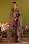 Sage Saga_Blue Satin Silk Printed Floral V Neck Keerat Neel Kurta Set _at_Aza_Fashions