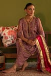 Shop_Sage Saga_Pink Satin Silk Printed Floral V Neck Keerat Gulab Kurta Set _Online_at_Aza_Fashions