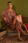 Sage Saga_Pink Satin Silk Printed Floral V Neck Keerat Gulab Kurta Set _at_Aza_Fashions