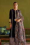 Sage Saga_Blue Kurta Velvet Silk Printed Floral Round Ruhani Neel Set With Dupatta _Online_at_Aza_Fashions