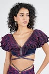 Buy_S&N by Shantnu Nikhil_Blue Poly Satin Embellished Crystal Stone Work V Crinkled Ruffle Layered Top _Online_at_Aza_Fashions