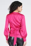 Shop_S&N By Shantnu Nikhil_Pink Nylon V-neck Bishop Sleeve Wrap Top_at_Aza_Fashions