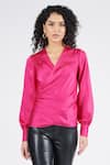 S&N By Shantnu Nikhil_Pink Nylon V-neck Bishop Sleeve Wrap Top_Online_at_Aza_Fashions