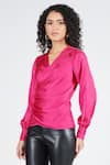 Buy_S&N By Shantnu Nikhil_Pink Nylon V-neck Bishop Sleeve Wrap Top_Online_at_Aza_Fashions