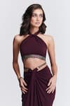 Buy_S&N by Shantnu Nikhil_Purple Poly Jersey Embellished Crystal Stone Work Halter Neck Crop Top _at_Aza_Fashions