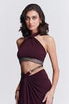 Shop_S&N by Shantnu Nikhil_Purple Poly Jersey Embellished Crystal Stone Work Halter Neck Crop Top _Online_at_Aza_Fashions