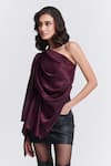 Buy_S&N by Shantnu Nikhil_Purple Sandwash Satin Embellished Crystal Stone Work Shoulder Draped Top _Online_at_Aza_Fashions