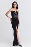 Buy_S&N by Shantnu Nikhil_Black Poly Jersey Embellished Crystal Stone And Leather Work Notched Saree Gown _at_Aza_Fashions