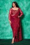 Saaj by Ankita_Red Mukaish Georgette Embroidery Rafflesia Bloom Draped Saree Gown _Online_at_Aza_Fashions