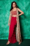 Buy_Saaj by Ankita_Pink Georgette Embroidery Bloom Jaal Damask Sequin Long Cape Draped Skirt Set _Online_at_Aza_Fashions