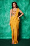 Saaj by Ankita_Yellow Mukaish Georgette Embroidery Slit Pre-draped Saree With Blouse _Online_at_Aza_Fashions