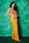 Buy_Saaj by Ankita_Yellow Mukaish Georgette Embroidery Slit Pre-draped Saree With Blouse _Online_at_Aza_Fashions