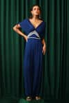 Shop_Vanshika Agarwal Label_Blue Double Georgette And Lido Aries Spiral Embellished Ruched Sleeves Jumpsuit _Online_at_Aza_Fashions