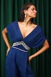 Vanshika Agarwal Label_Blue Double Georgette And Lido Aries Spiral Embellished Ruched Sleeves Jumpsuit _at_Aza_Fashions