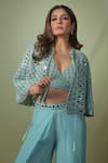 Buy_Surily G_Blue Pure Crepe Embroidery Bloom Mirror Jaal Mandarin Collar Cape  _at_Aza_Fashions