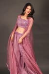 Buy_Kasturi Tikmani_Purple Crop Top And Cape Floral Cutwork Border Flared Pant Set  _at_Aza_Fashions