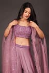 Shop_Kasturi Tikmani_Purple Crop Top And Cape Floral Cutwork Border Flared Pant Set  _at_Aza_Fashions