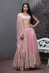 Shop_Kasturi Tikmani_Peach Organza Embroidery Thread Square Neck Floral Bridal Lehenga Set  _at_Aza_Fashions