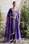 Buy_Jigar Mali_Purple Chanderi Embroidered Floral V Neck Jacket Pant Set _Online_at_Aza_Fashions