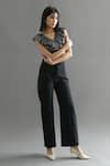 Buy_Kritika Madan Label_Black Denim Plain V Neck Metallic Ruffle Top And Pant Set  _at_Aza_Fashions