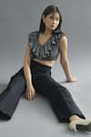 Shop_Kritika Madan Label_Black Denim Plain V Neck Metallic Ruffle Top And Pant Set  _at_Aza_Fashions