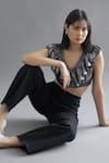 Kritika Madan Label_Black Denim Plain V Neck Metallic Ruffle Top And Pant Set  _Online_at_Aza_Fashions