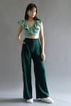 Buy_Kritika Madan Label_Green Turkey Crepe Plain V Neck Ruffle Crop Top And Pant Set  _at_Aza_Fashions