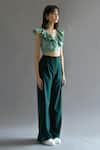 Kritika Madan Label_Green Turkey Crepe Plain V Neck Ruffle Crop Top And Pant Set  _Online_at_Aza_Fashions